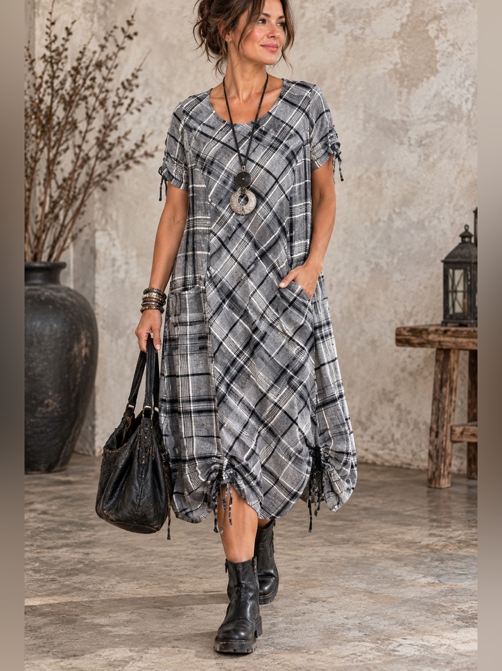 Tulip Bellamy Short Sleeve Black White Plaid Midi Dress Size XL NWT Lagenlook